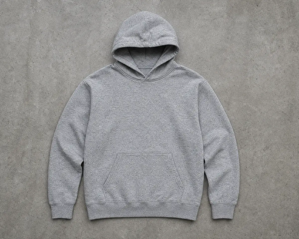 Sudadera gris jaspeado con capucha sin cordones y bolsillo canguro